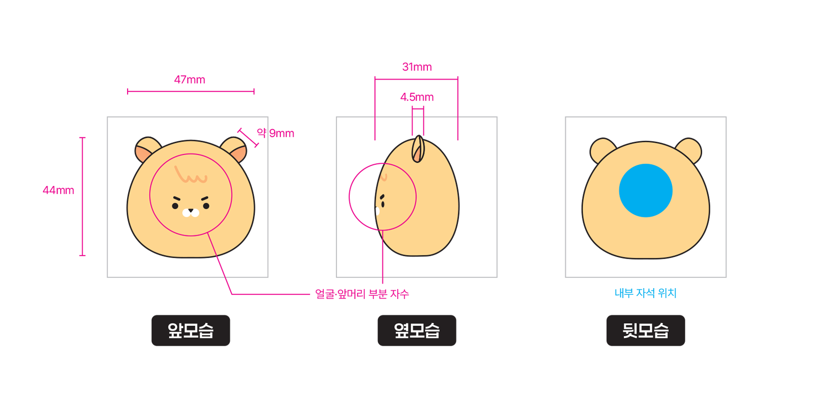 첨부된 템플릿에 디자인을 넣고
자수 부분이나 자석 위치를 표시해 주세요
색상은 팬톤 컬러로 지정해요