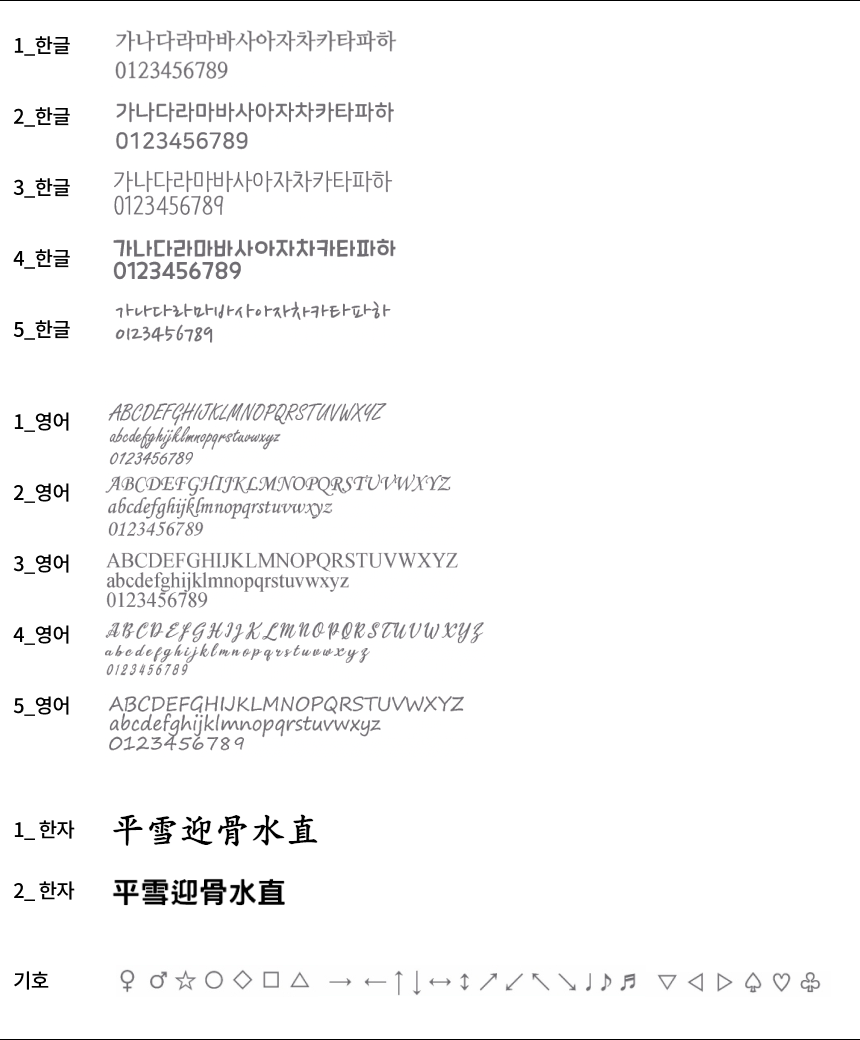 기재한 글자 그대로 복사하여 각인합니다.
폰트 미선택 시 기본폰트로 제작됩니다
한자 각인은 반드시 한자와 함께 음, 뜻을 같이 기재해주세요
기호각인 시 채워진 도형은 불가합니다.